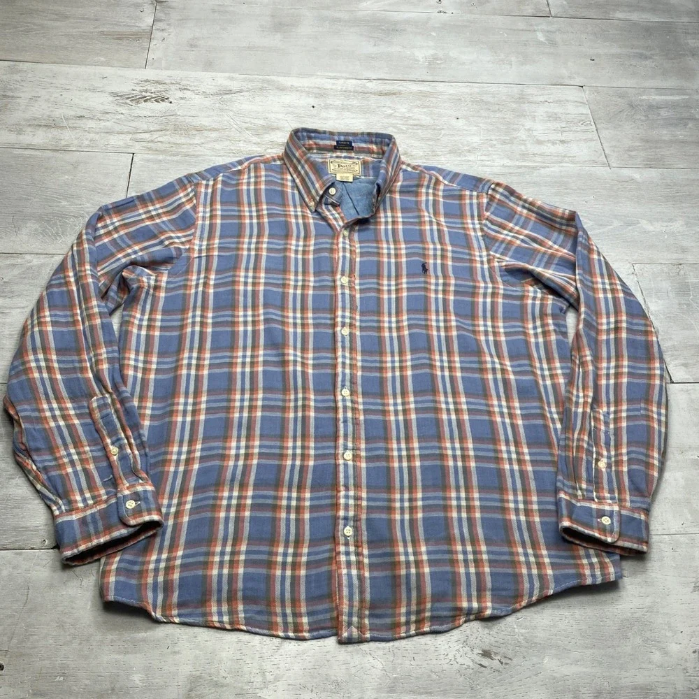 Polo Ralph Lauren Flannel Shirt Mens XXL Blue Orange Plaid Untucked Fit Cotton